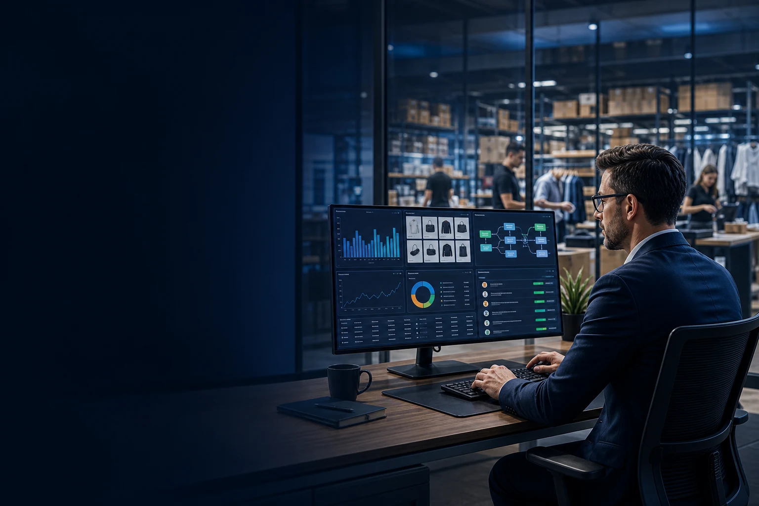 Operations manager reviewing connected inventory, sales, analytics and workflow information