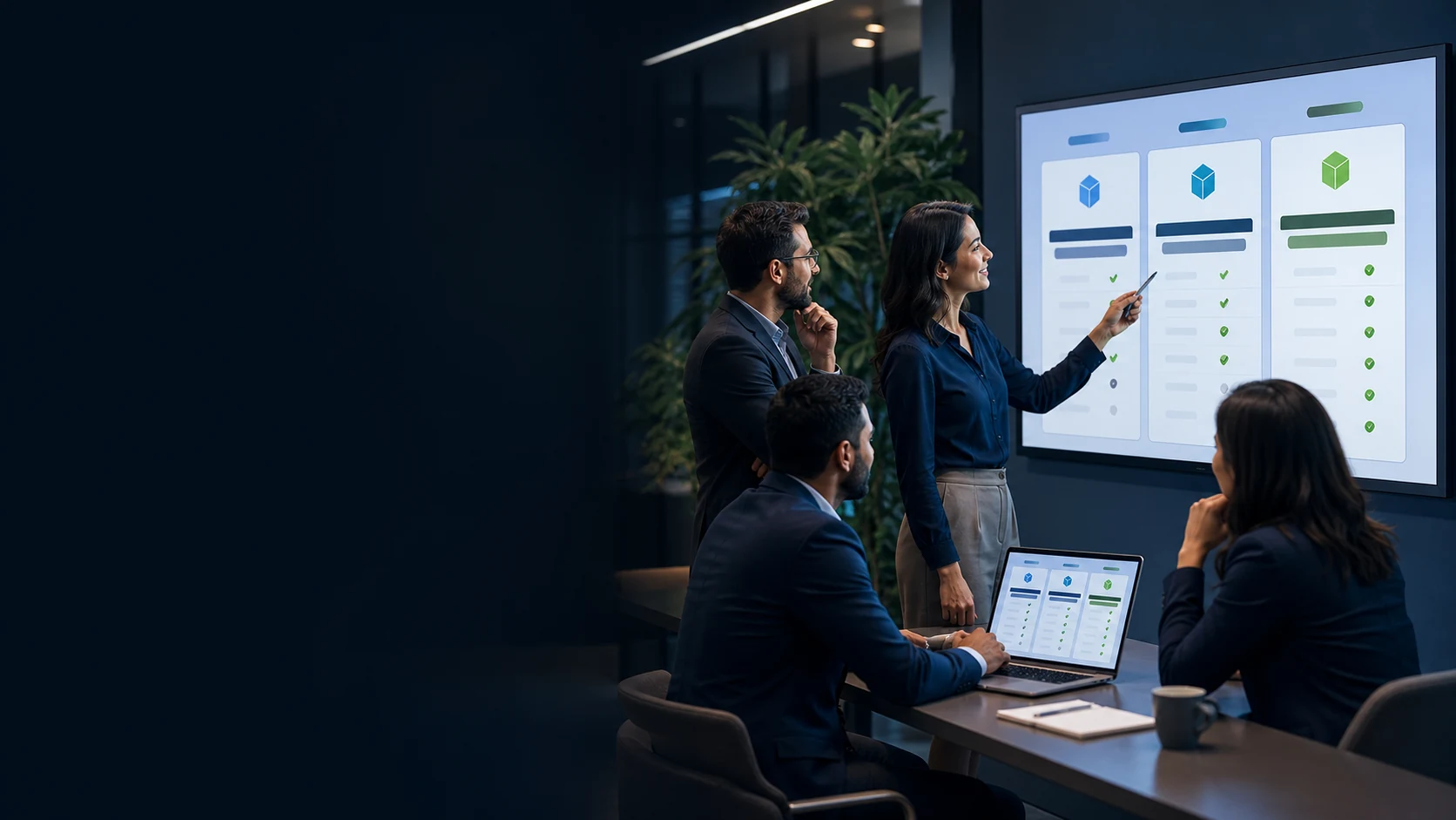 Business leadership team reviewing scalable Vendro Connect plan options