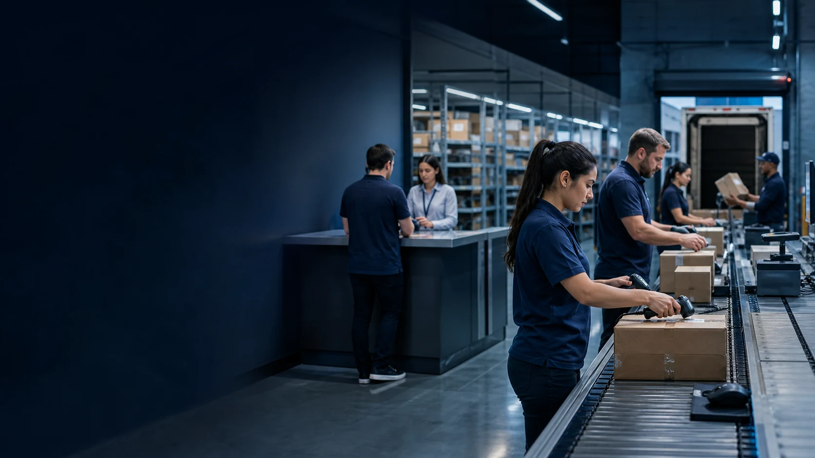 Order fulfilment team moving work through scanning, packing and dispatch
